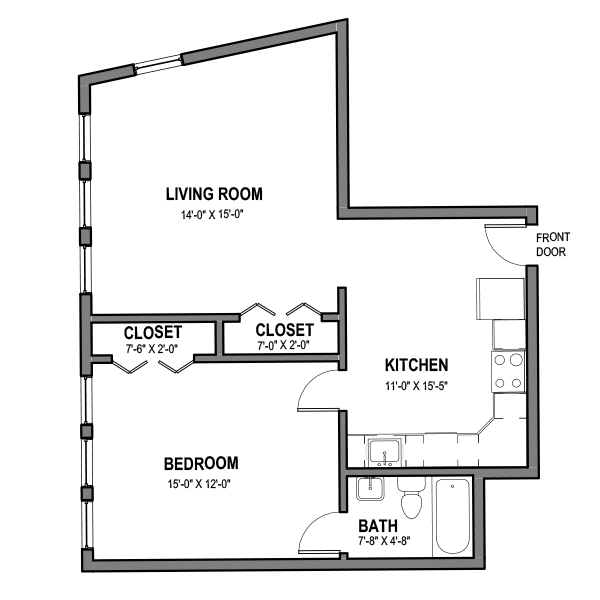Floor plan for 1 bed, 1 bath, 610 sqft